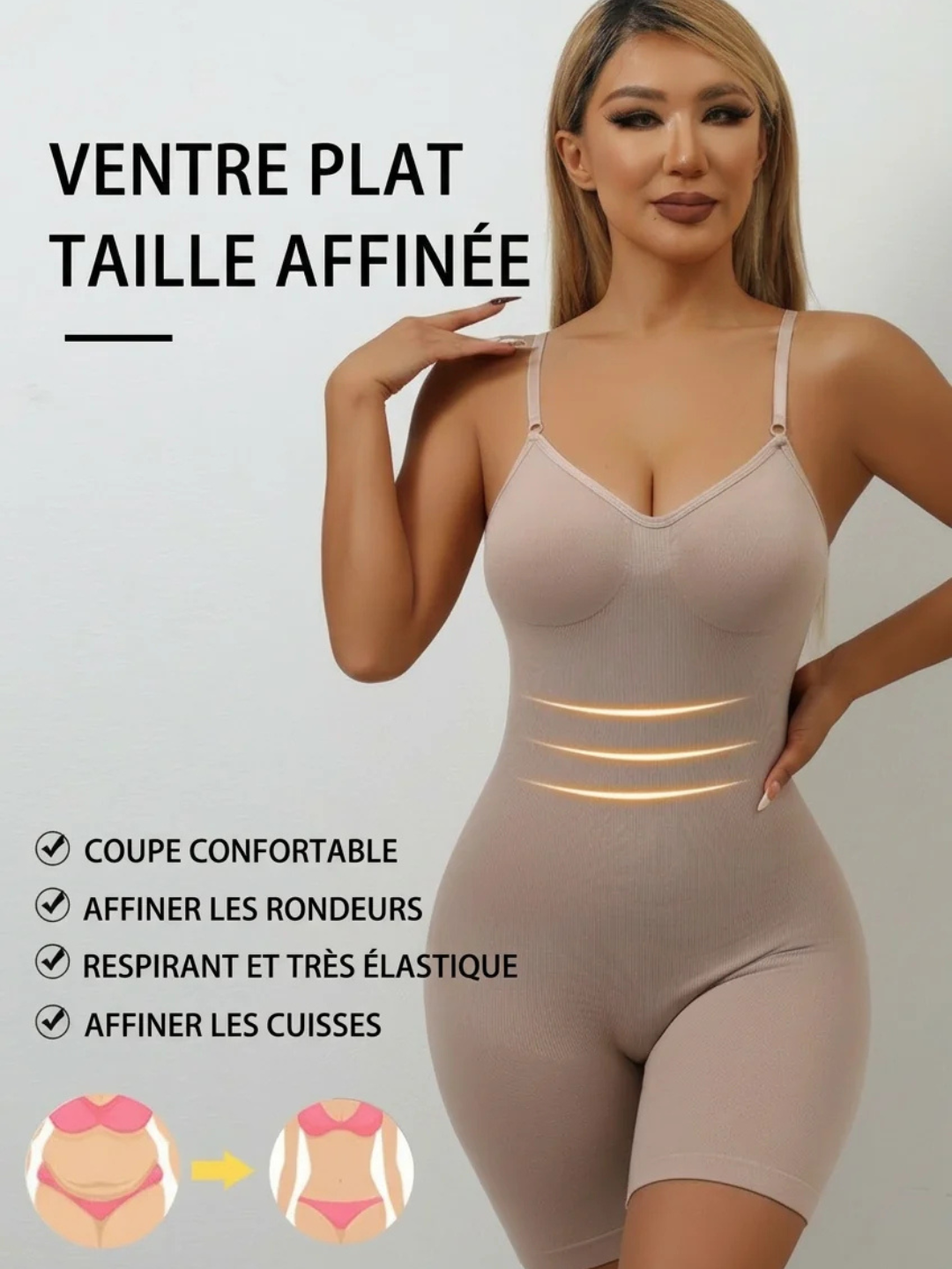 Femme portant un body gainant beige, effet ventre plat et taille affinée