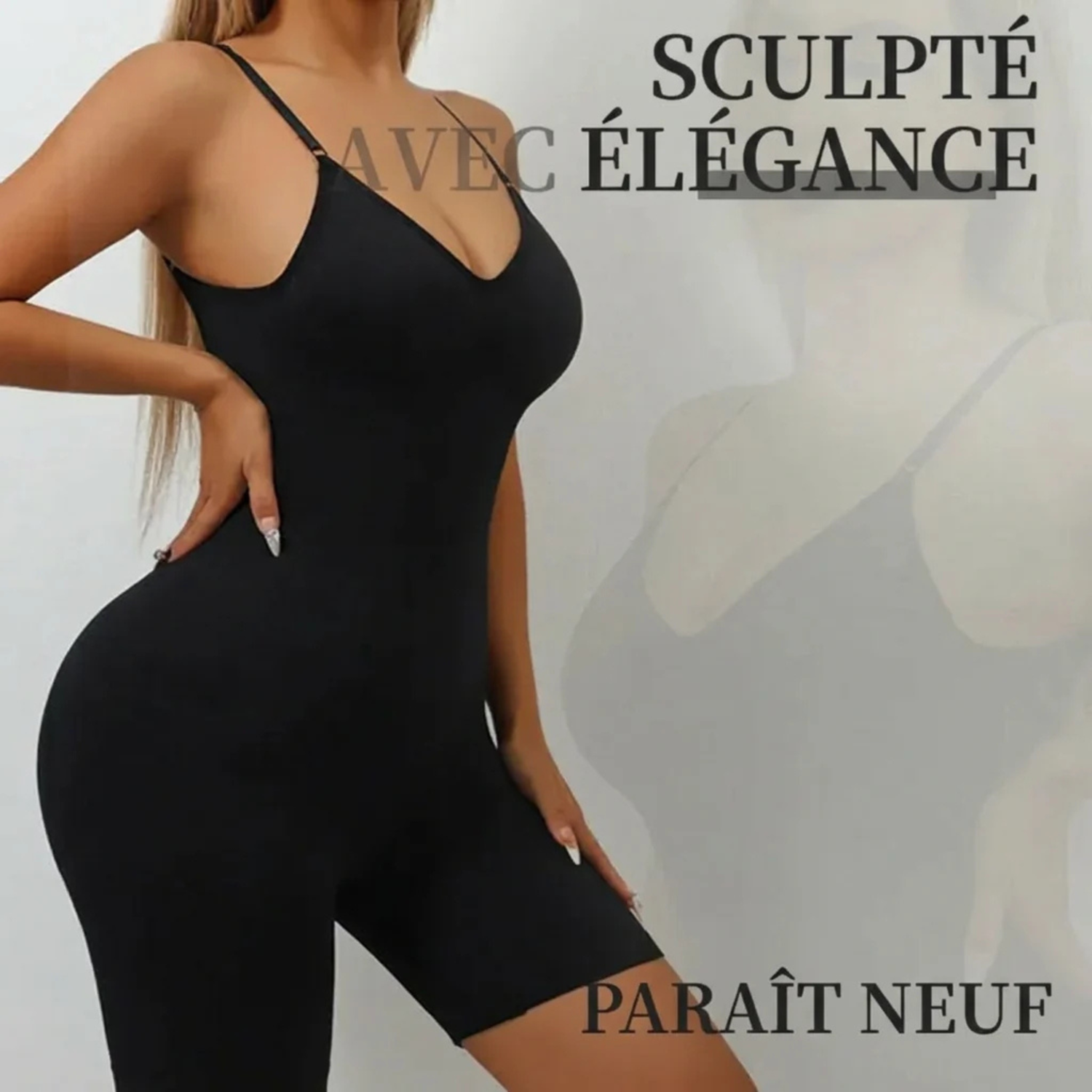 Body gainant noir col en V et shorty sculpteur porté pour affiner la silhouette