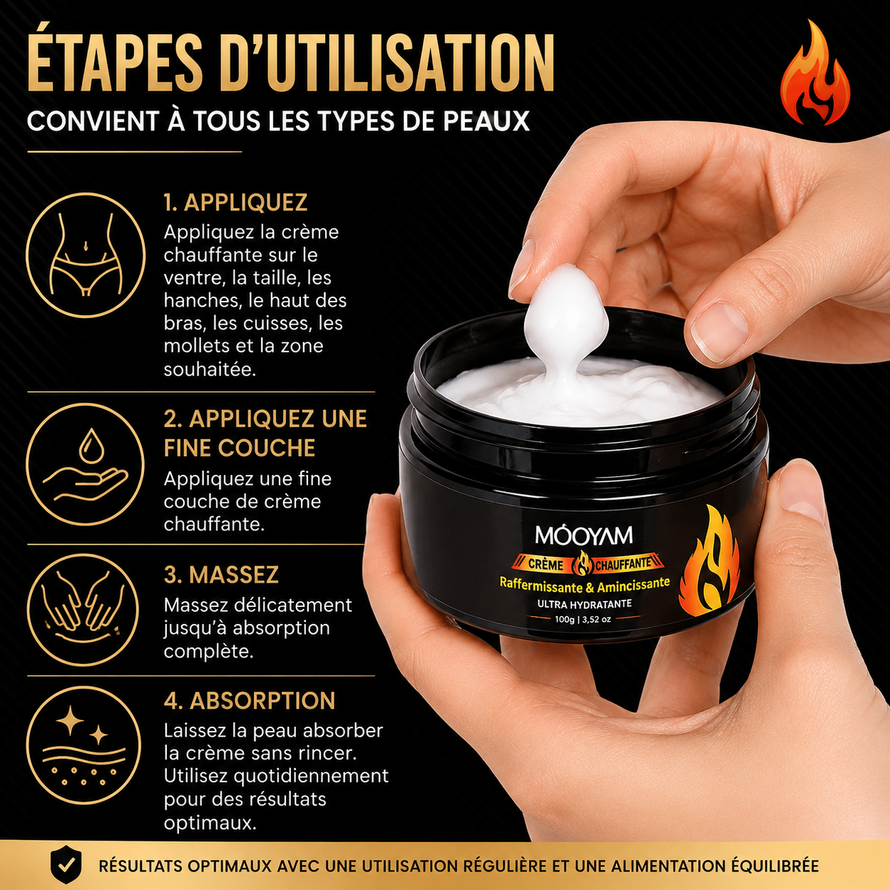 Pot de crème chauffante MOOYAM 100 g posé sur une surface claire, vue de face