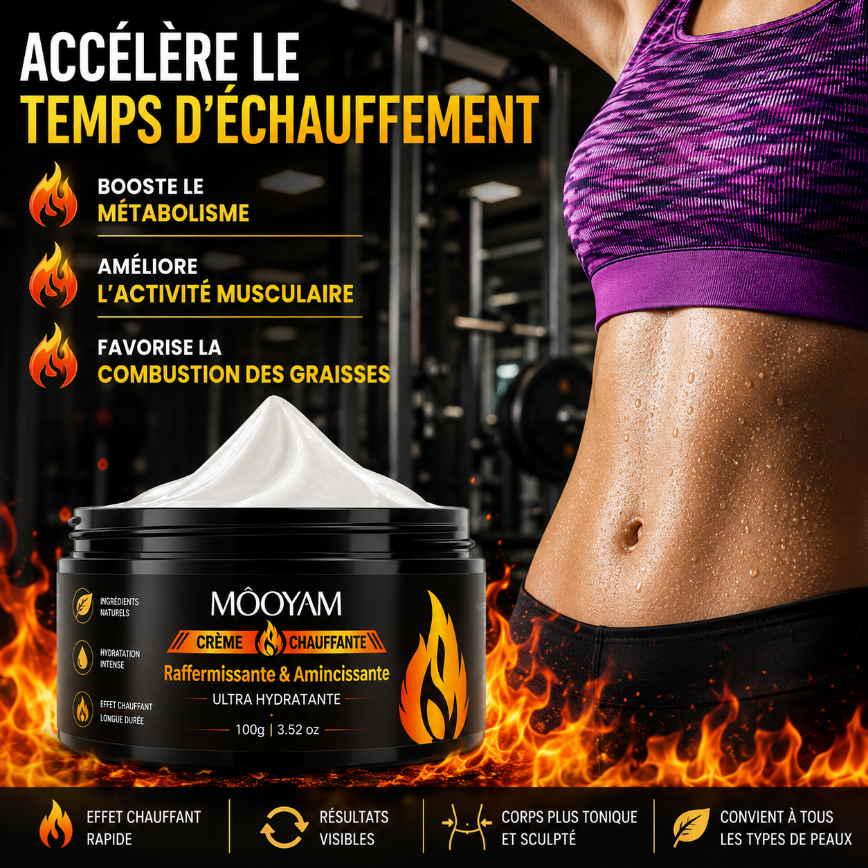 Crème chauffante MOOYAM appliquée en massage circulaire sur le ventre