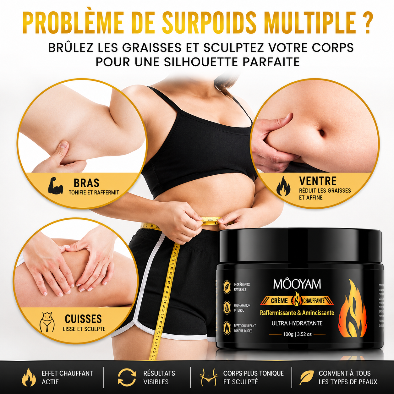 Texture riche de la crème chauffante MOOYAM prélevée du pot avant le massage